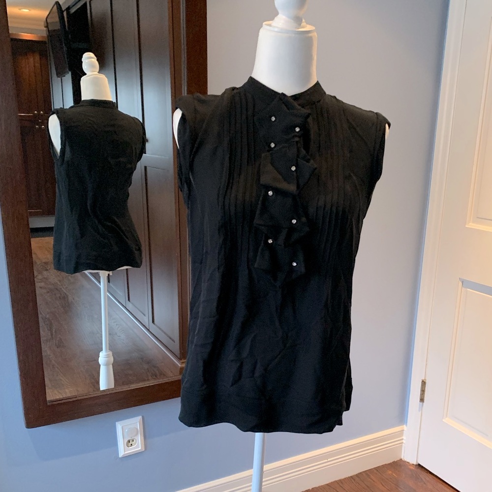 Black, sleeveless, tuxedo shirt with rhinestones